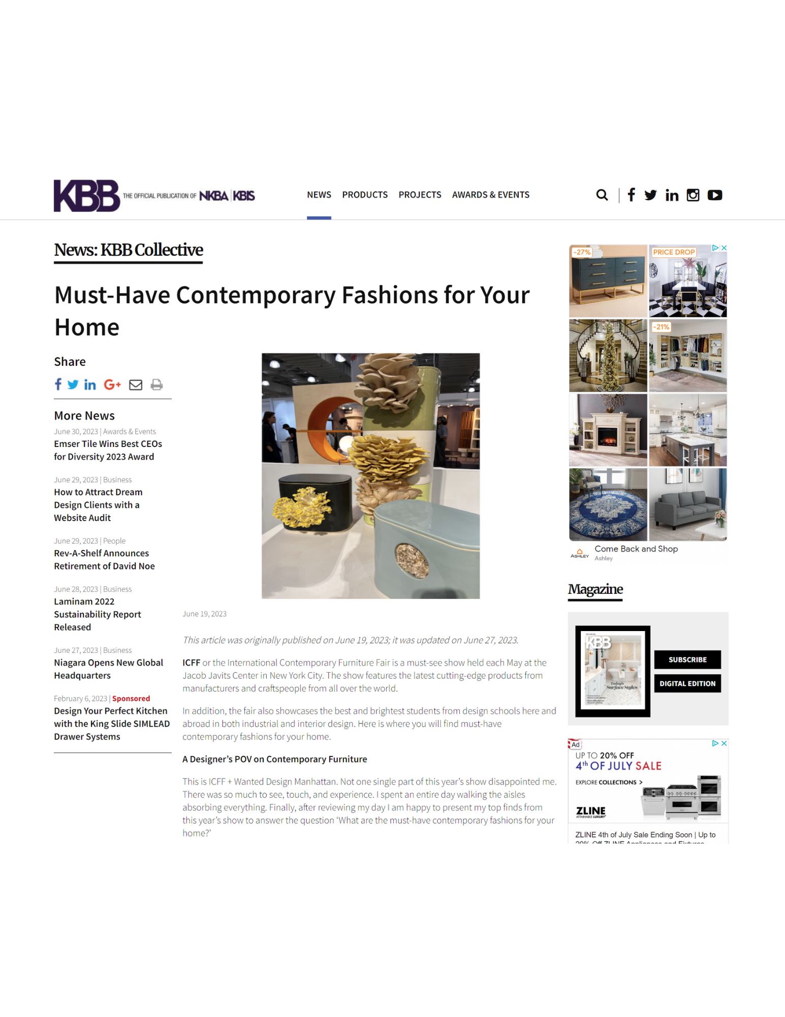 Kitchen & Bath Business covers Juniper at ICFF 2023